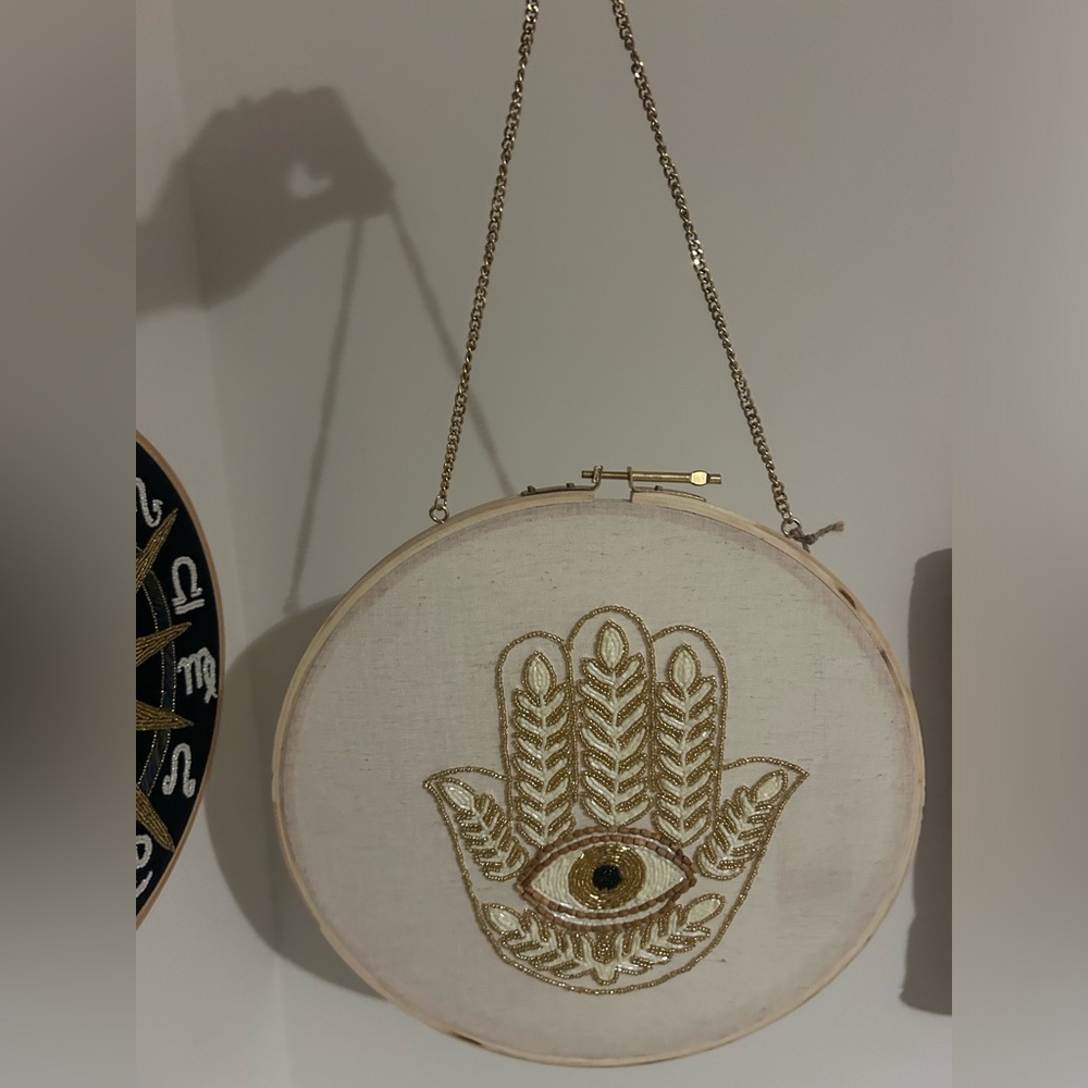 Beaded Gold Hamsa Hand Evil Eye embroidery hoop Wall Hanging Art